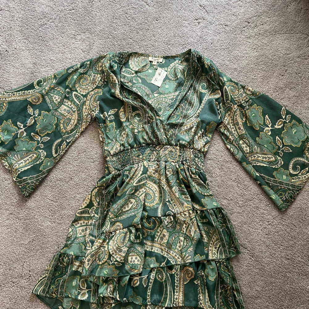Bell Sleeved Green & Gold Paisley Dress - NWT